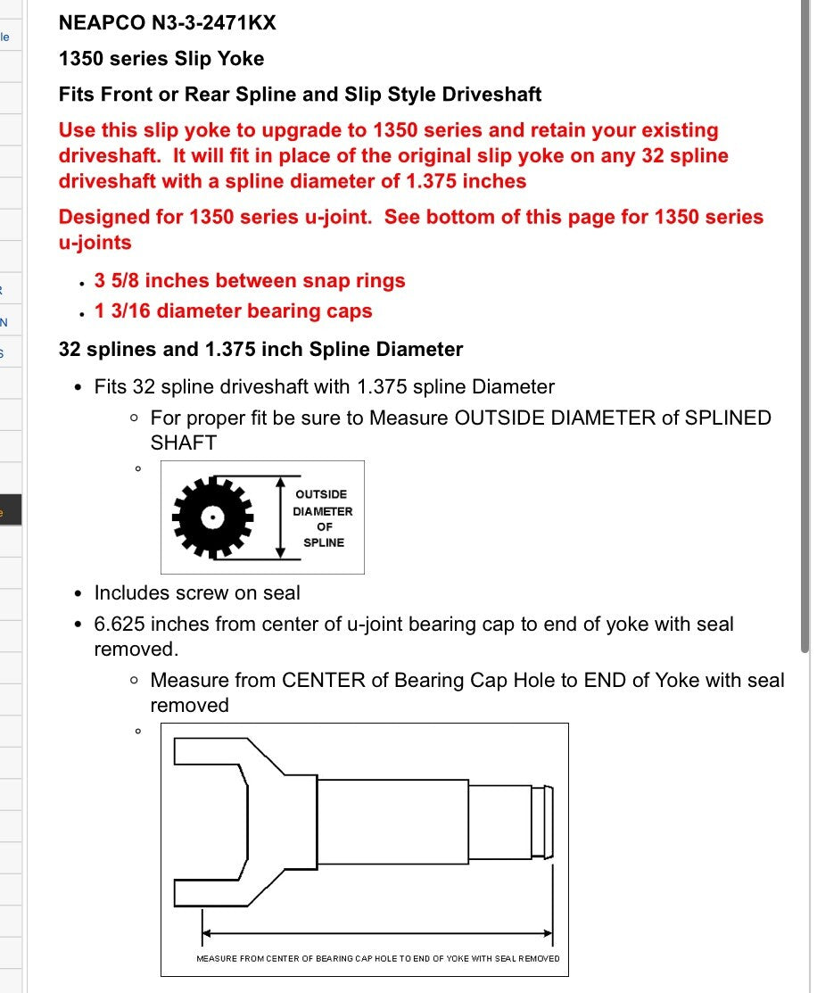 N3-3-2471KX Driveshaft Slip Yoke Front Shaft Spline 1350 UJoint 85 Square body